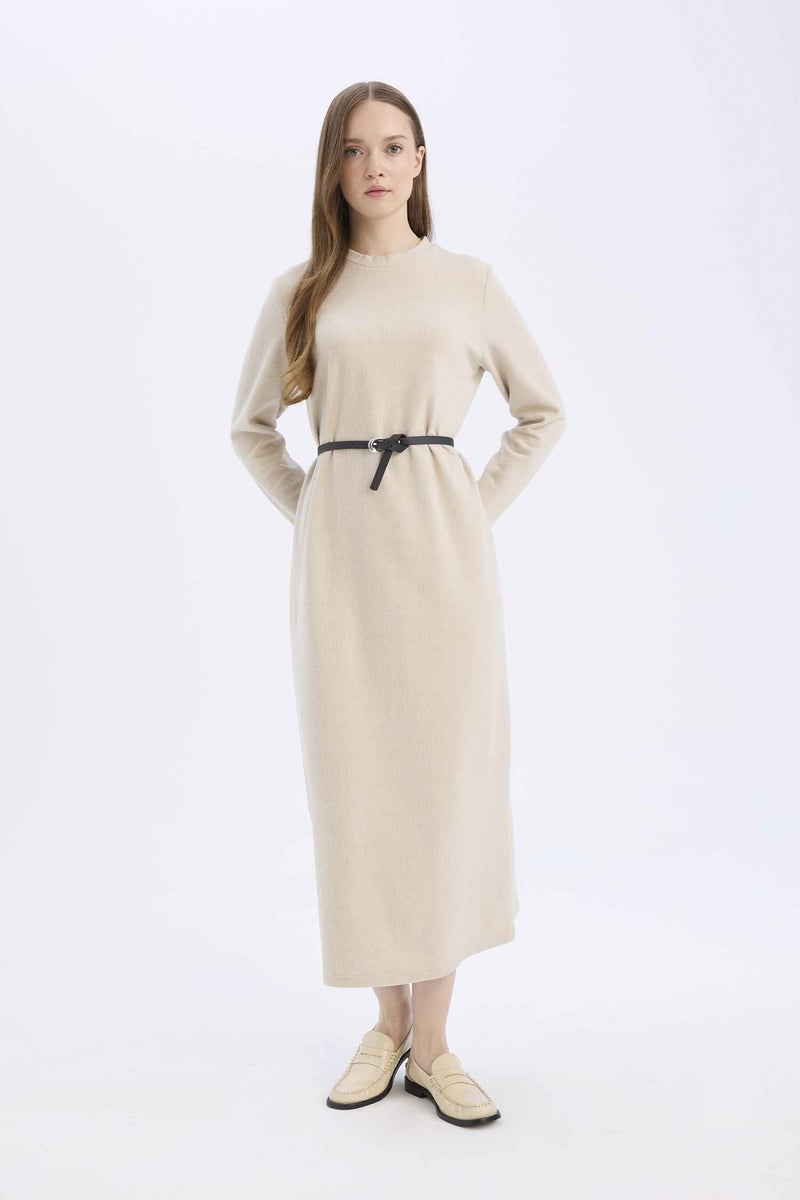 DeFacto Woman Regular Fit Crew Neck Belted Selanik Fabric Maxi Dress - Image 5