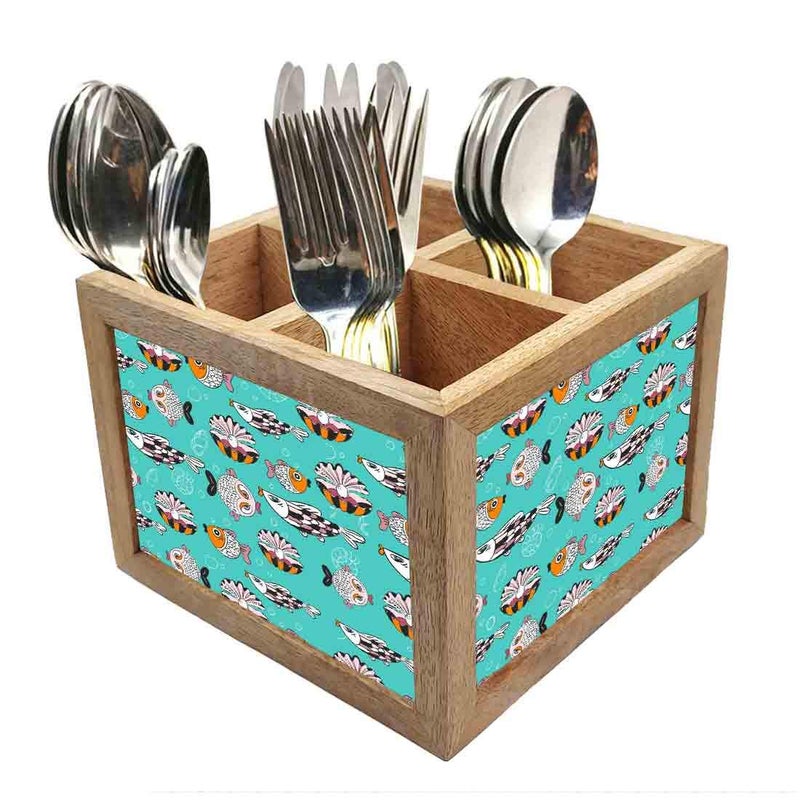 Nutcase Wooden Cutlery Stand Holder Silverware Caddy Spoons Forks Knives Organizer for Dining Table Kitchen Made in IndiaSpoons NOT Included Cute Fish - Image 1