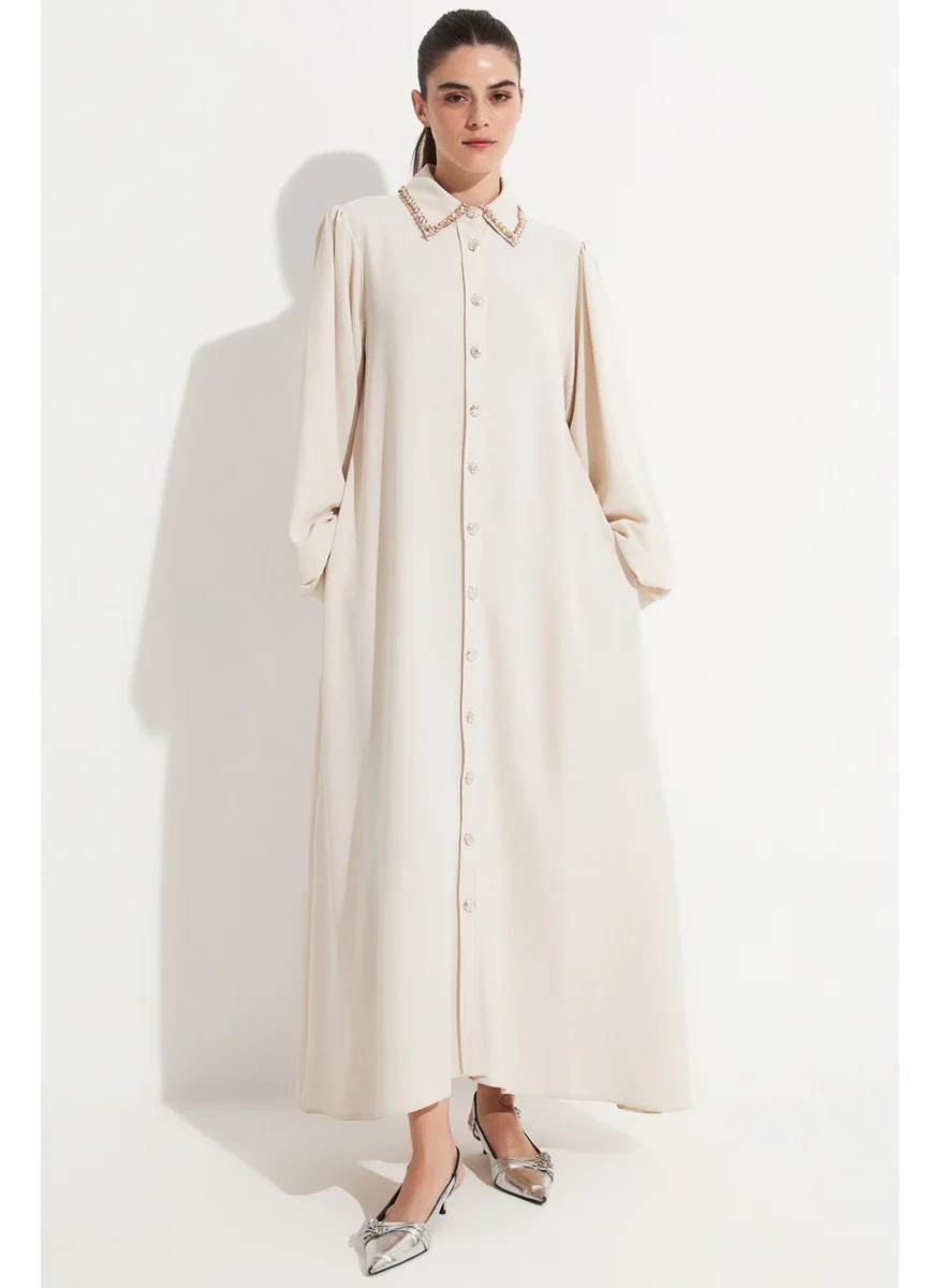 جون Shirt Collar Stone Detailed Dress