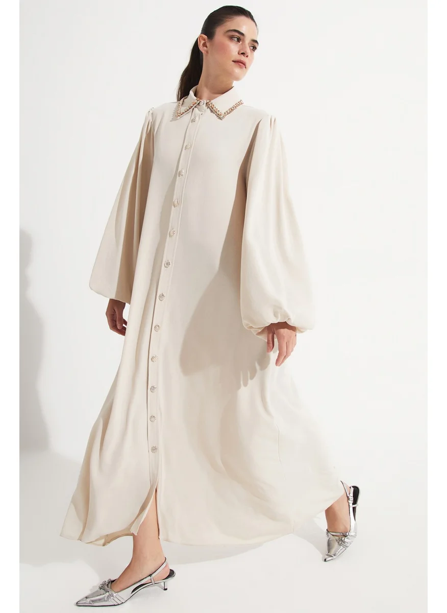 جون Shirt Collar Stone Detailed Dress