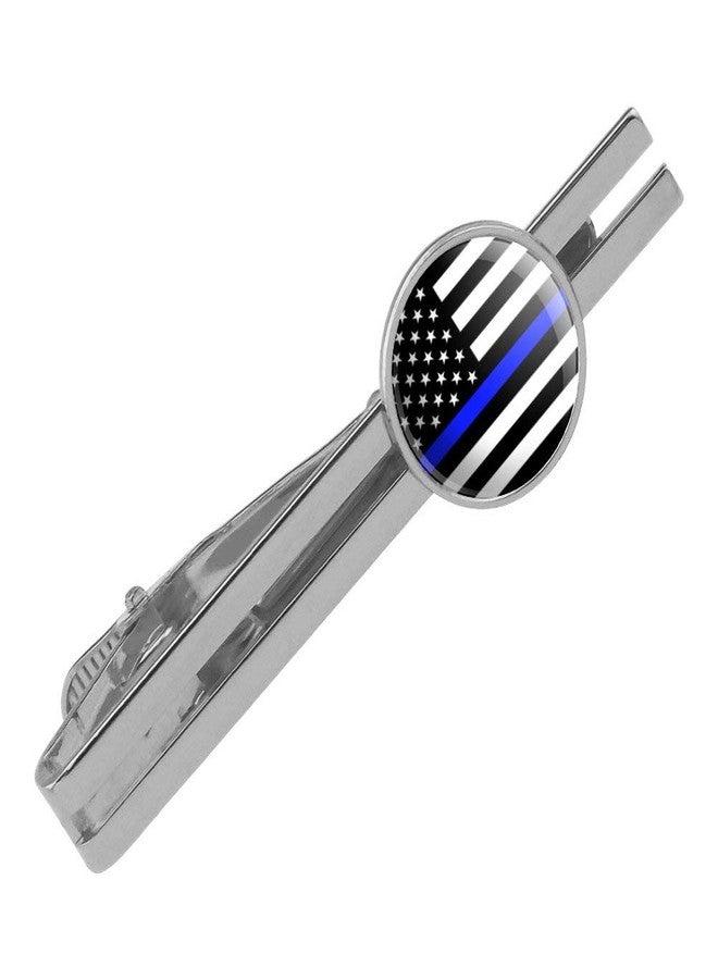 GRAPHICS & MORE Thin Blue Line American Flag Round Tie Bar Clip Clasp Tack Silver Color Plated - Image 1