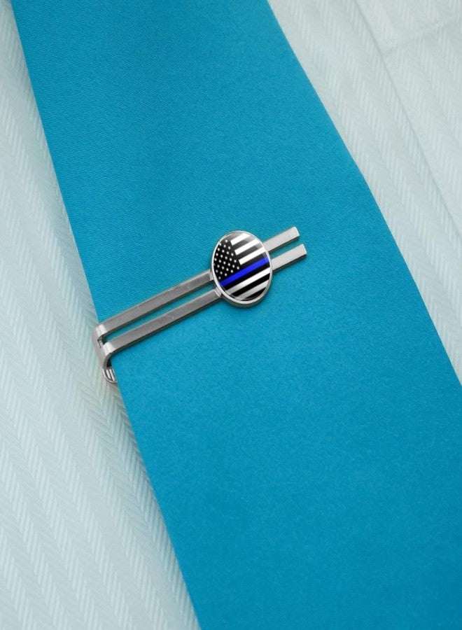 GRAPHICS & MORE Thin Blue Line American Flag Round Tie Bar Clip Clasp Tack Silver Color Plated - Image 2