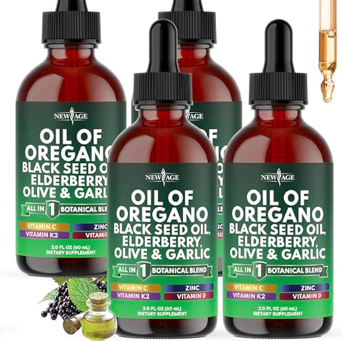 NEW AGE Oil of Oregano Drops - Black Seed Oil, Elderberry, Vitamin D, D3, K2, Olive, Garlic - Immune Support Supplement Wellness Formula, Zinc Supplements Liquid - 8Fl Oz - Image 1