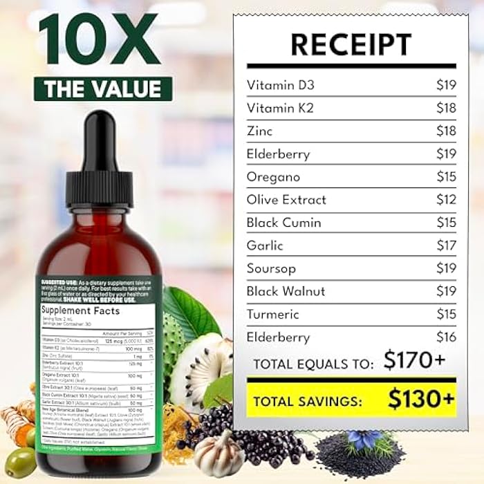 NEW AGE Oil of Oregano Drops - Black Seed Oil, Elderberry, Vitamin D, D3, K2, Olive, Garlic - Immune Support Supplement Wellness Formula, Zinc Supplements Liquid - 8Fl Oz - Image 5