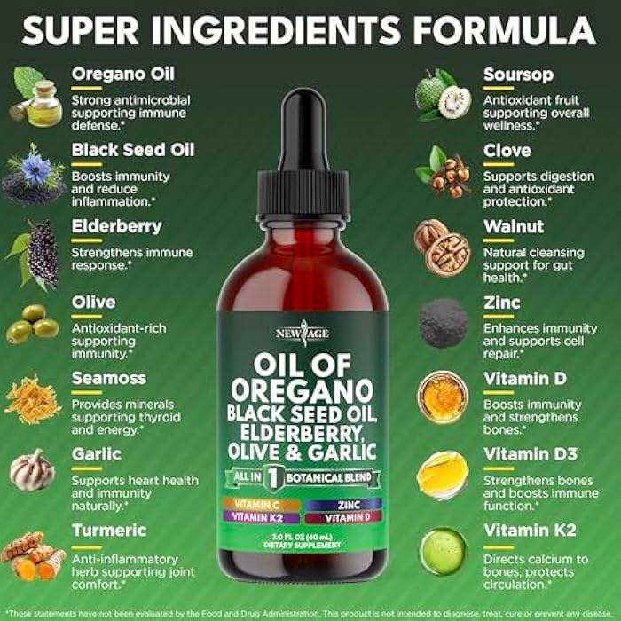 NEW AGE Oil of Oregano Drops - Black Seed Oil, Elderberry, Vitamin D, D3, K2, Olive, Garlic - Immune Support Supplement Wellness Formula, Zinc Supplements Liquid - 8Fl Oz - Image 2