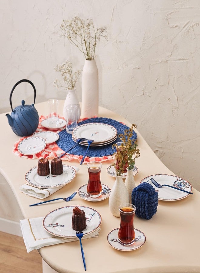 Karaca طقم أكواب شاي تركية وطبق مقبلات من كاراجا نكاس مكون من 18 قطعة لـ 6 أشخاص - أطباق حلوى ملونة (7.4 بوصة)، أكواب شاي تركية صغيرة مع صحون - أكواب شاي زجاجية وطقم أطباق خزفية - Image 2