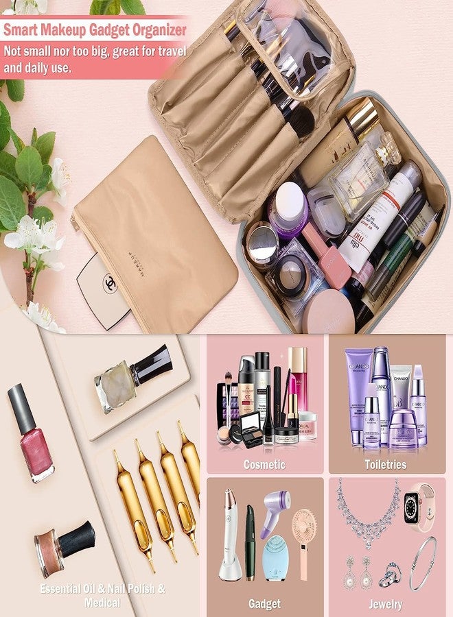 HCFGS Travel Makeup Bag [with Brushes Holder & Detachable Pouch] Cosmetic Bag Makeup Case Storage Organiser for Women & Girls (Pink), Grey, Makeup Bag - Image 2