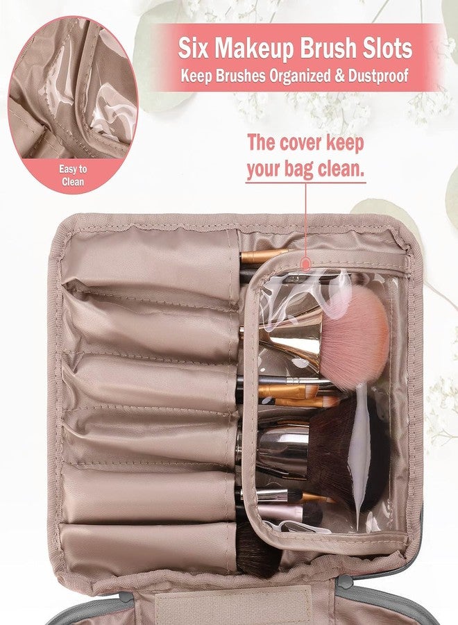 HCFGS Travel Makeup Bag [with Brushes Holder & Detachable Pouch] Cosmetic Bag Makeup Case Storage Organiser for Women & Girls (Pink), Grey, Makeup Bag - Image 3