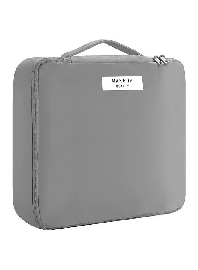 HCFGS Travel Makeup Bag [with Brushes Holder & Detachable Pouch] Cosmetic Bag Makeup Case Storage Organiser for Women & Girls (Pink), Grey, Makeup Bag - Image 1