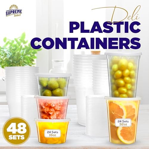 Supreme Select Supreme Deli Plastic Storage Containers with Lids 16 oz & 32 oz [24 sets of each - 48 combo pack] Reusable Food Containers -Microwavable & Freezer friendly - Dishwasher safe - Secure & Tight Covers - Image 2