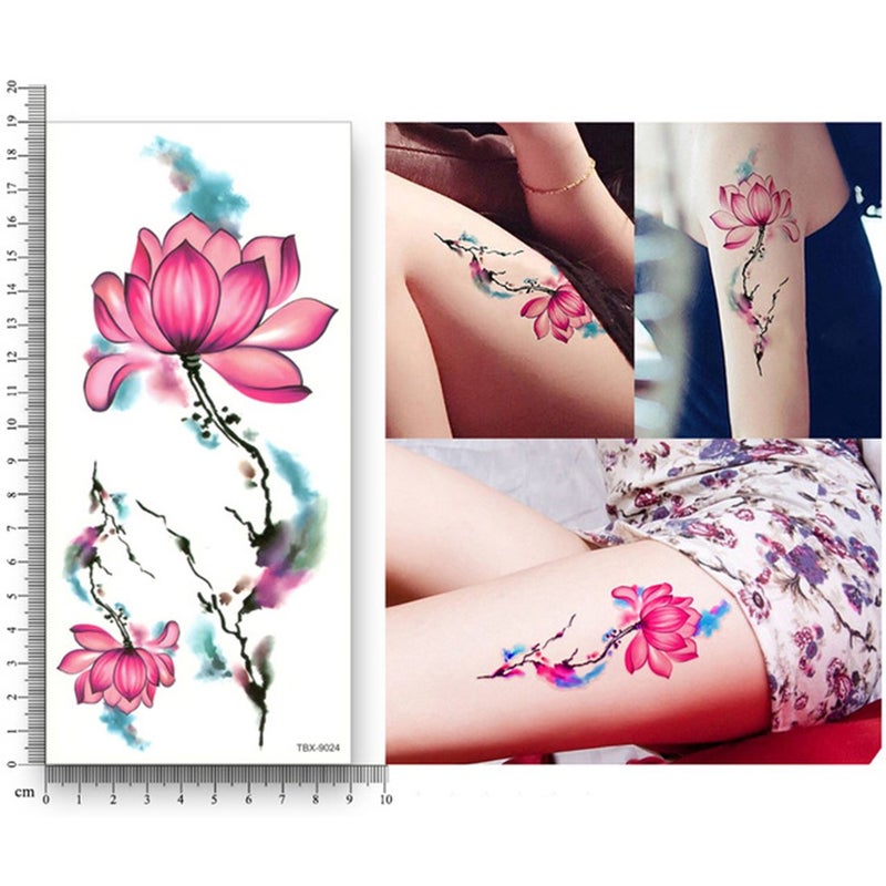 S.A.V.I 3D Temporary Tattoo Sticker Beautiful Lotus Flower Red Pink Design Size 19x9CM  1PC - Image 2
