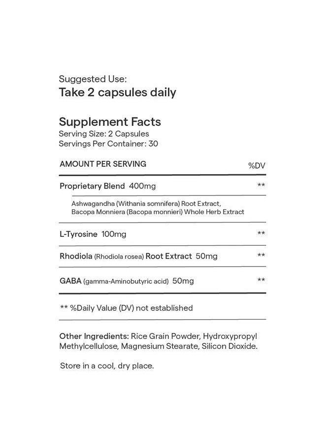 Rae - Wellness DeStress Capsules - Natural Stress Support Supplement with GABA, L-Tyrosine, Ashwagandha and Rhodiola - Vegan, Non-GMO, Gluten-Free - 60 Caps (30 Servings) - Image 1