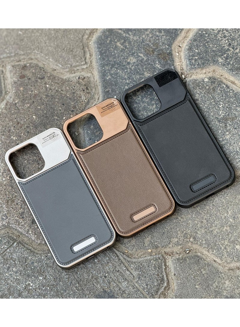 Aviation Aluminum Alloy Leather Case for iPhone 16 Pro Max, Slim Fit Metal Case, Lightweight Top-Grain Leather Phone Case, Magsafe Compatible, Built-in Fragrance Diffuser,grey  - Image 1