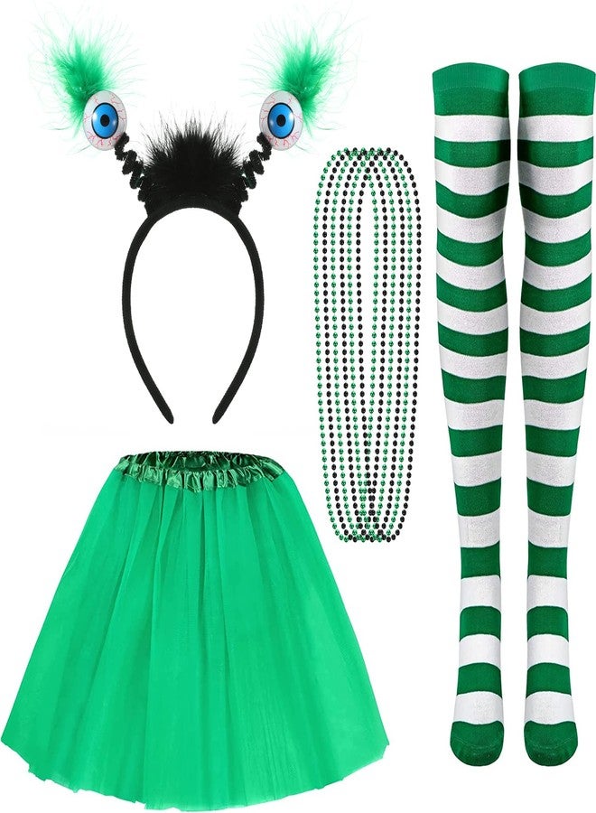 Sintege 9 Pcs Green Alien Headband Costume Set Green Eyeball Boppers Props Green Tutu Skirt Green Long Striped Socks Beaded Necklace for Halloween Dress up Party Supplies - Image 1