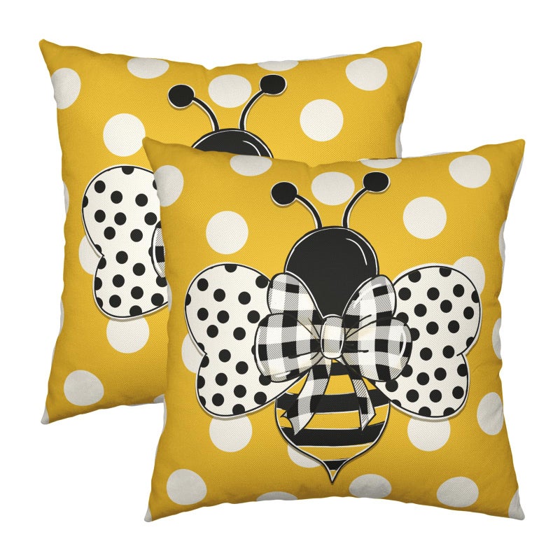 Wnoesat Summer Bee Pillow Covers 18x18 Set of 2 Bumblebee Polka Dots Spring Outdoor Throw Pillows Yellow Honey Bee Farmhouse Decorative Cushion Cover for Sofa Chair Patio Bed Couch - Image 2