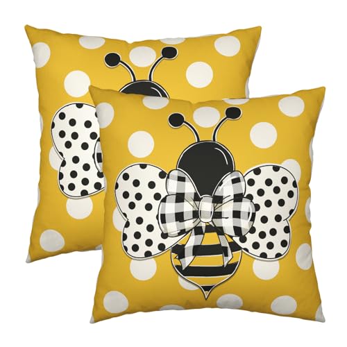Wnoesat Summer Bee Pillow Covers 18x18 Set of 2 Bumblebee Polka Dots Spring Outdoor Throw Pillows Yellow Honey Bee Farmhouse Decorative Cushion Cover for Sofa Chair Patio Bed Couch - Image 1