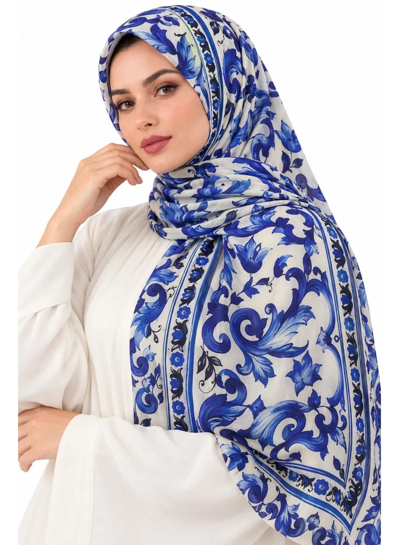 اوفيليا حجاب أوفيليا ماجوليكا أزرق مطبوع من المودال، تصميم زهري بورسلين، 75x190 سم