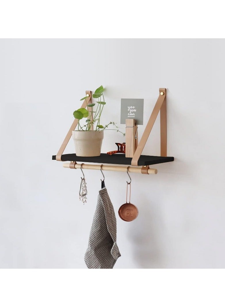 Home Gallery PU Biege Leather Strap Wall Floating Shelf Black - Image 1