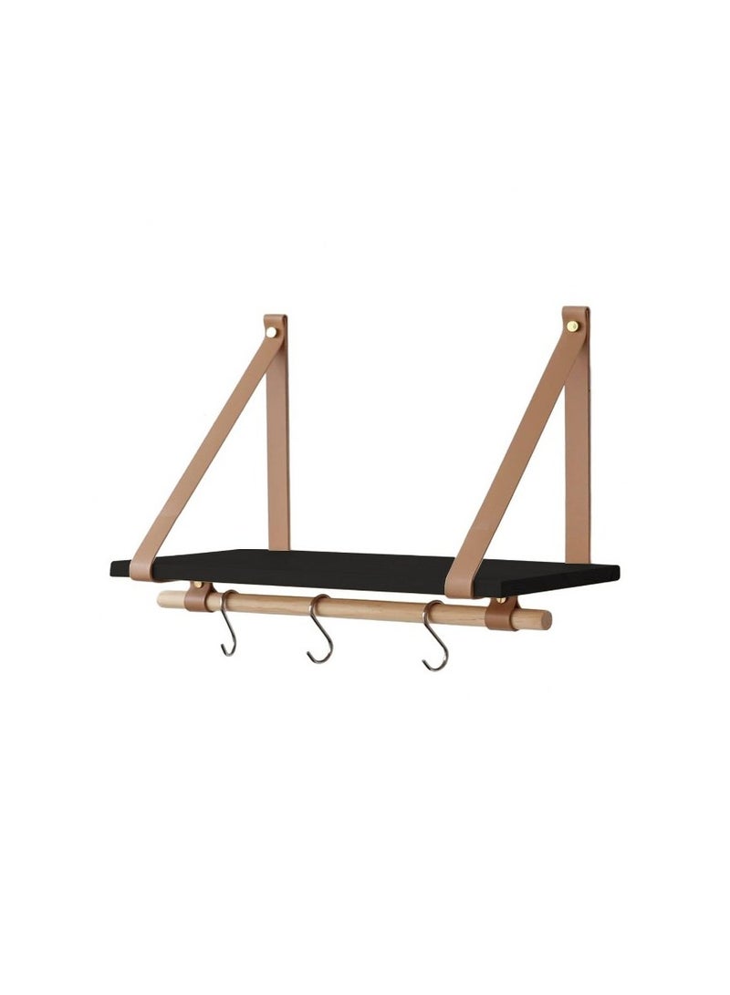 Home Gallery PU Biege Leather Strap Wall Floating Shelf Black - Image 2