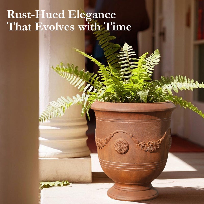 Worth Garden Large Urn Planter - 14" Dia x 16.5" H Lightweight Magnesium Oxide Plant Pot with Cement Texture - Rust-Like Finish Concrete Urn Planter with Drainage Hole for Indoor & Outdoor Decor - Image 2