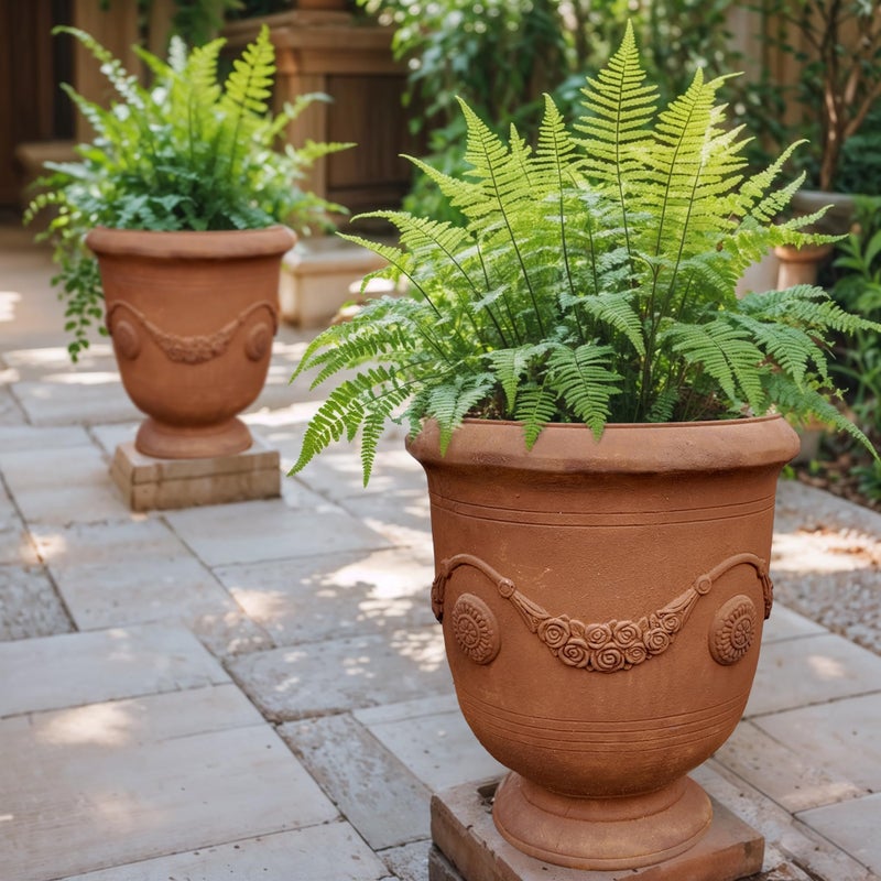 Worth Garden Large Urn Planter - 14" Dia x 16.5" H Lightweight Magnesium Oxide Plant Pot with Cement Texture - Rust-Like Finish Concrete Urn Planter with Drainage Hole for Indoor & Outdoor Decor - Image 4