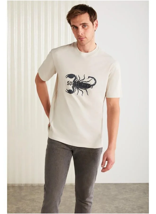 جريميلانج Grimelange Kurt Men's Cotton Scorpion Printed Short Sleeve Stone Color T-Shirt