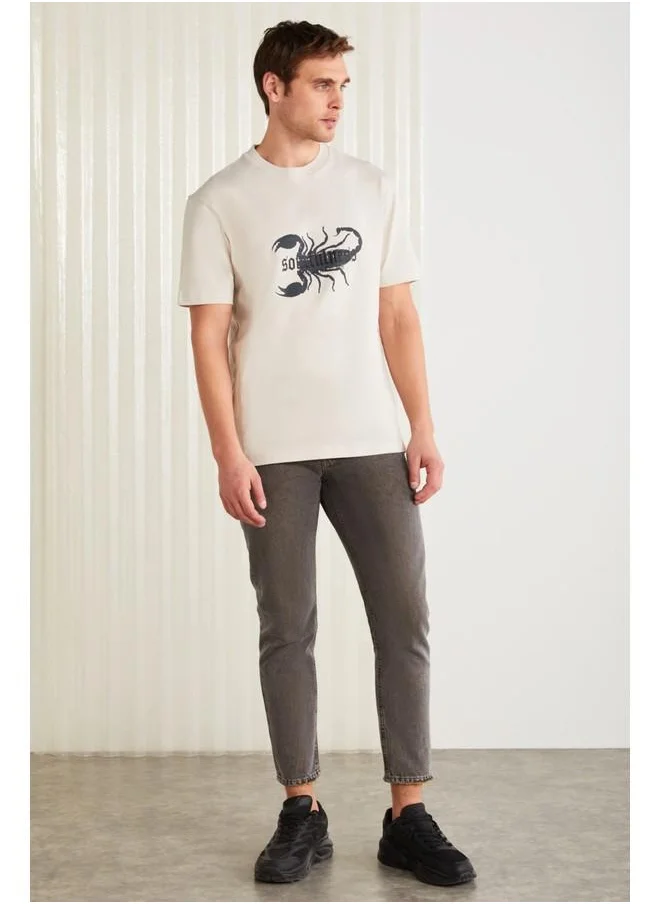 جريميلانج Grimelange Kurt Men's Cotton Scorpion Printed Short Sleeve Stone Color T-Shirt
