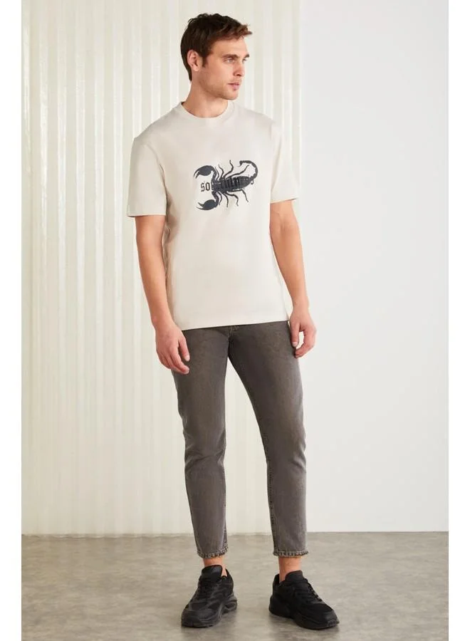 GRIMELANGE Grimelange Kurt Men's Cotton Scorpion Printed Short Sleeve Stone Color T-Shirt
