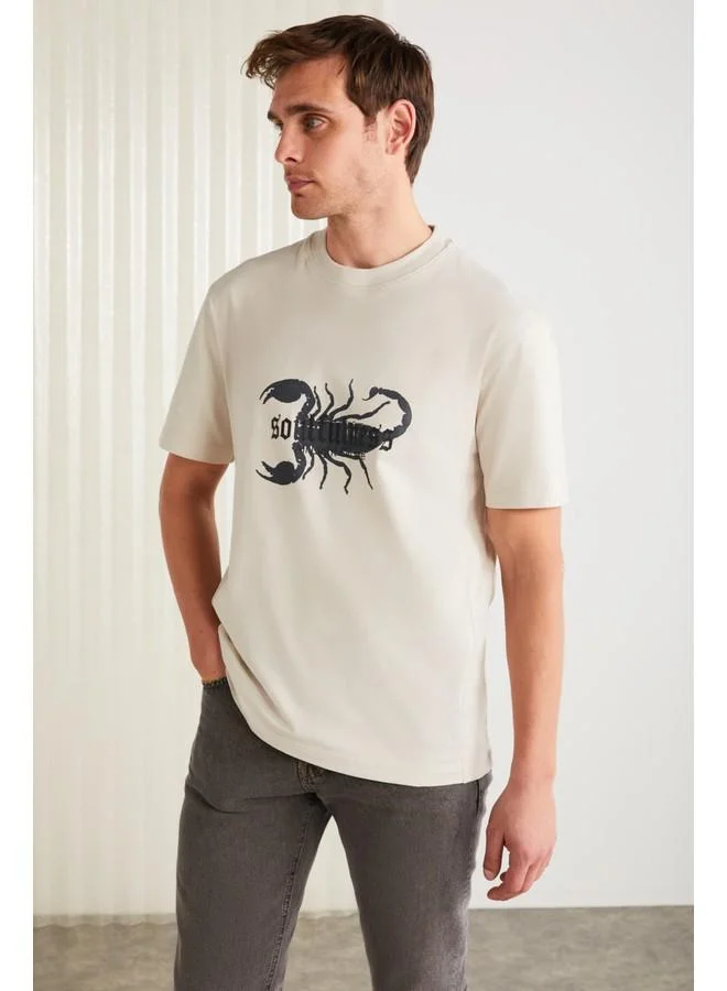 GRIMELANGE Grimelange Kurt Men's Cotton Scorpion Printed Short Sleeve Stone Color T-Shirt