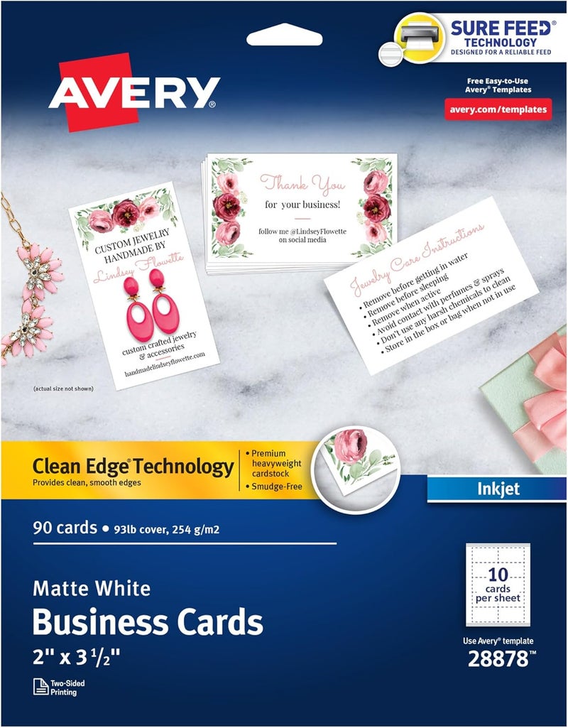 Avery Printable Business Cards with Clean Edge Technology, 90 Heavyweight Cards, 2" x 3.5" for Inkjet Printers - Image 1