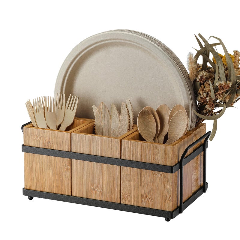 PTSTING Silverware Caddy Wood Utensil Holder Paper Plate Dispenser Silverware Utensil Caddy Cutlery Flatware Organizer Box for Spoons Forks Plates Napkins - Image 1