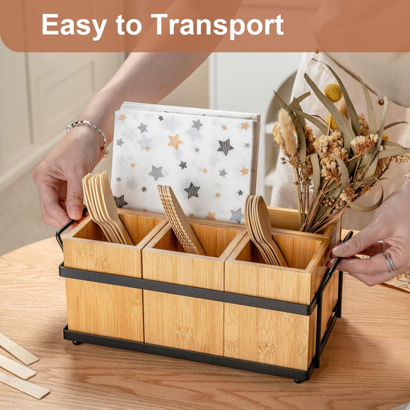 PTSTING Silverware Caddy Wood Utensil Holder Paper Plate Dispenser Silverware Utensil Caddy Cutlery Flatware Organizer Box for Spoons Forks Plates Napkins - Image 2