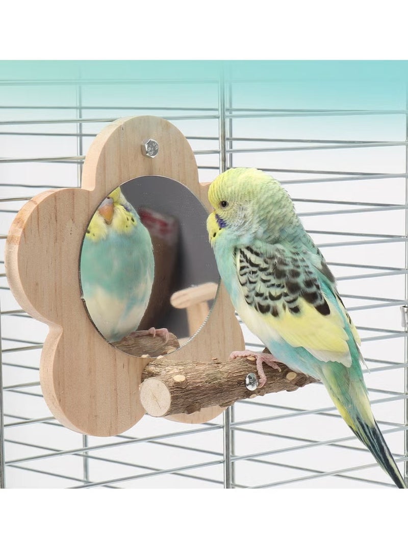 OMEVE Bird Mirror With Perch , Cockatiel Mirror for Cage，Natural Wooden Parrot Bird Cage Bracket, Suitable for Small Parrot Canary Lovebird Small and Medium Bird Standing Bar Molar Toy log - Image 1