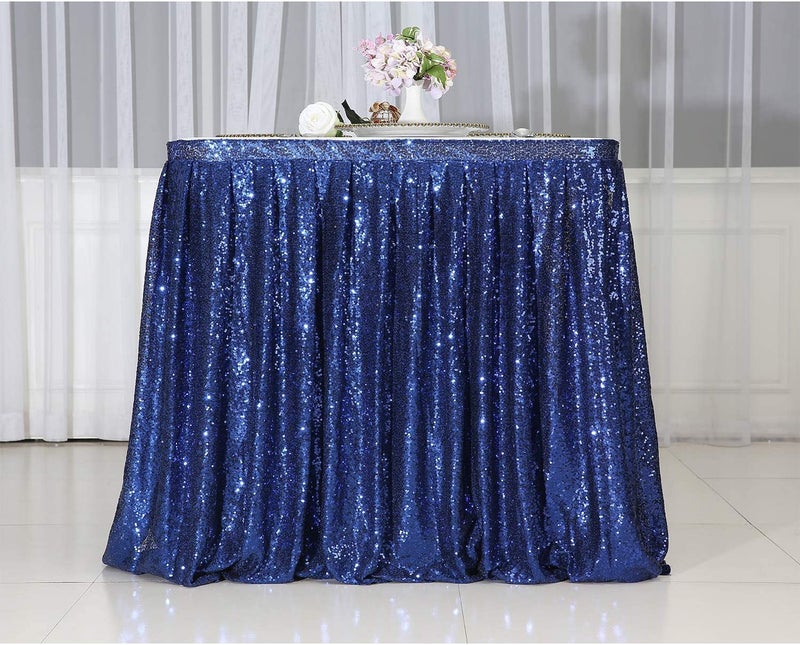 PartyDelight 6ft Navy Blue Sequin Table Skirt for Round/Rectangle/Square Table for Birthday Party Wedding Christmas. - Image 5