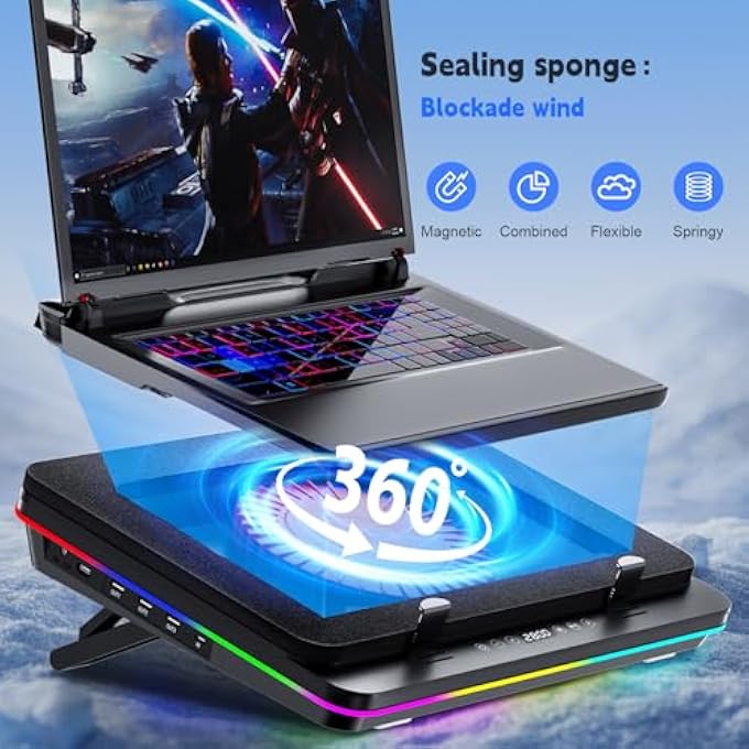 rayihni GT600 RGB LAPTOP COOLING PAD WITH GIANT TURBO FAN (5.5" DIAMETER), SEALED FOAM FOR FAST COOLING, LAPTOP COOLER - Image 3