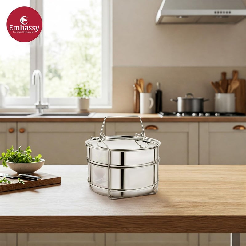Embassy فاصل طهي من الفولاذ المقاوم للصدأ | مناسب لقدر الضغط بغطاء خارجي سعة 8.5 لتر من بريستيج بوبولار وبوبولار بلس | 2 حاويات مع رافع | الأبعاد - 19x19x12.5 سم - Image 2