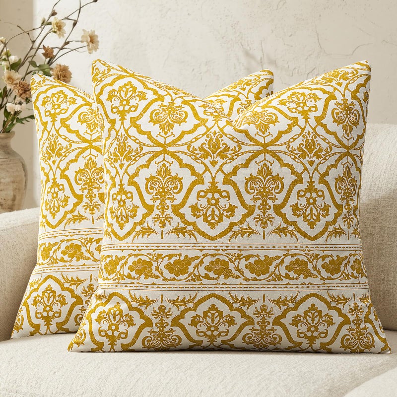OMMATO Decorative Vintage Pillow Covers 20x20: Mustard Yellow Floral Patterned Covers Couch Sofa Throw Pillows - Farmhouse Boho Cushions Pillowcases Set of 2 Living Room Square Cotton Throw Pillow Covers - Image 1