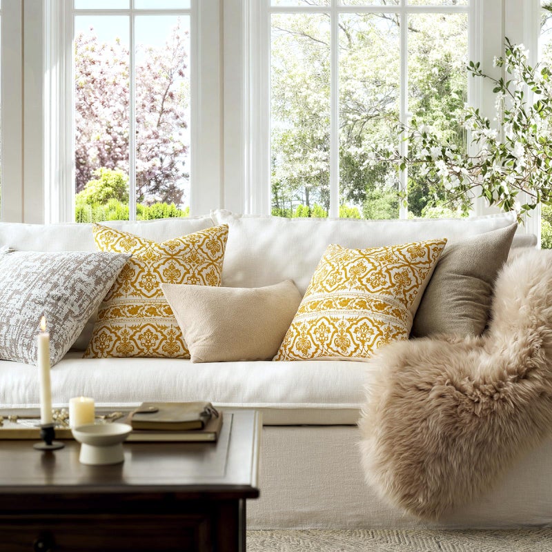 OMMATO Decorative Vintage Pillow Covers 20x20: Mustard Yellow Floral Patterned Covers Couch Sofa Throw Pillows - Farmhouse Boho Cushions Pillowcases Set of 2 Living Room Square Cotton Throw Pillow Covers - Image 4