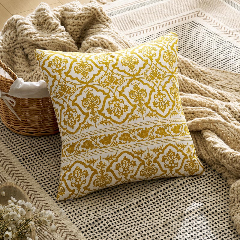 OMMATO Decorative Vintage Pillow Covers 20x20: Mustard Yellow Floral Patterned Covers Couch Sofa Throw Pillows - Farmhouse Boho Cushions Pillowcases Set of 2 Living Room Square Cotton Throw Pillow Covers - Image 2