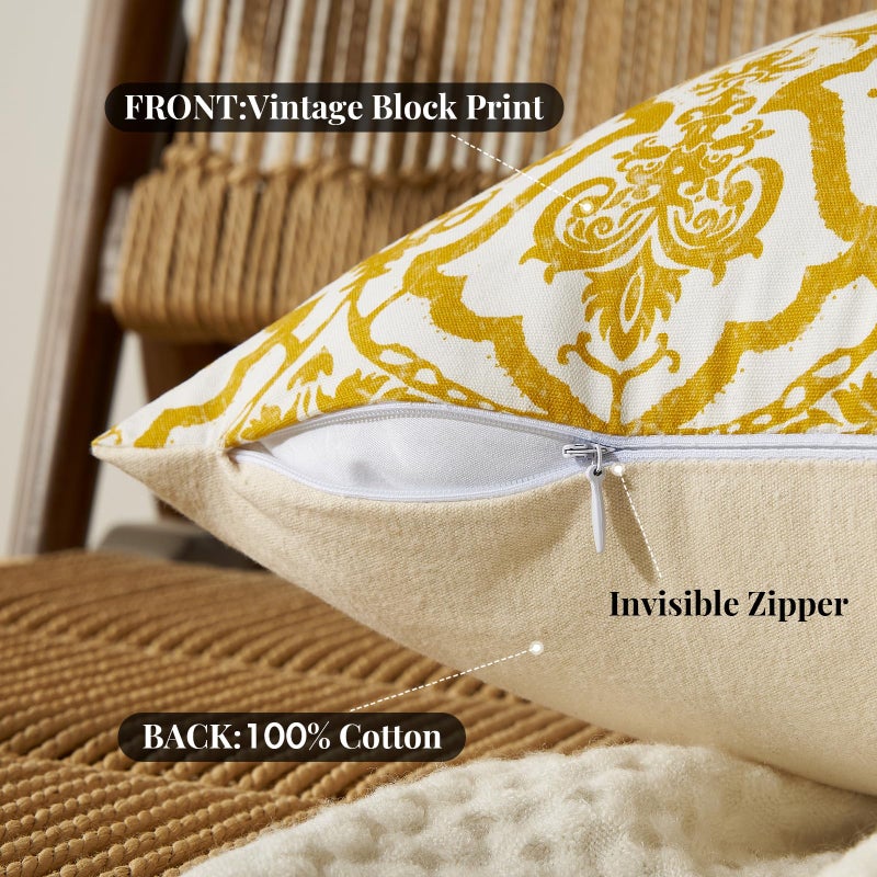 OMMATO Decorative Vintage Pillow Covers 20x20: Mustard Yellow Floral Patterned Covers Couch Sofa Throw Pillows - Farmhouse Boho Cushions Pillowcases Set of 2 Living Room Square Cotton Throw Pillow Covers - Image 3