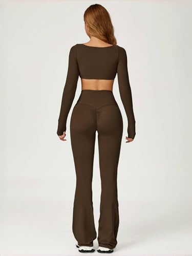 ABOCIW Workout Sets Flared Leggings Long Sleeve Crop Tops for Women Workout Crop T Shirt Top Scrunch Butt Lifting High Waist Yoga Pants Gym Sets for Women 2 Piece YCoffee Small - Image 3