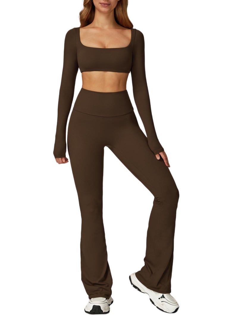 ABOCIW Workout Sets Flared Leggings Long Sleeve Crop Tops for Women Workout Crop T Shirt Top Scrunch Butt Lifting High Waist Yoga Pants Gym Sets for Women 2 Piece YCoffee Small - Image 2