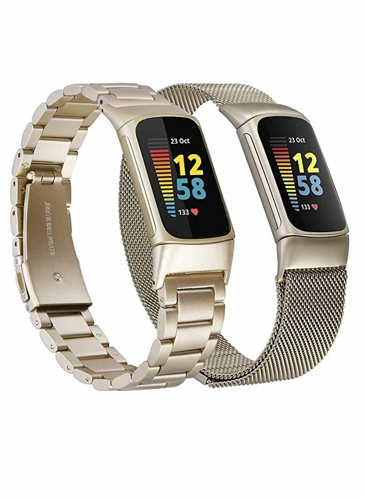 SYOSI Compatible with Fitbit Charge 5 Bands Sets, 2 Pack Stainless Steel Metal Band Mesh Woven Magnetic Wristband Replacement for Fitbit Charge 5 Advanced Fitness & Health Tracker, Champaign Gold - Image 1