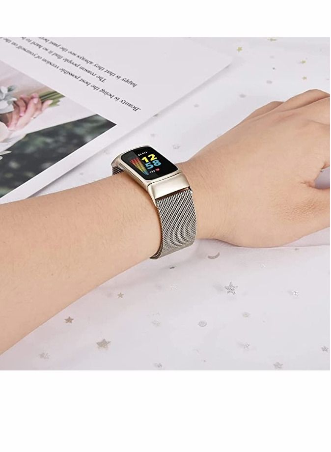SYOSI Compatible with Fitbit Charge 5 Bands Sets, 2 Pack Stainless Steel Metal Band Mesh Woven Magnetic Wristband Replacement for Fitbit Charge 5 Advanced Fitness & Health Tracker, Champaign Gold - Image 3