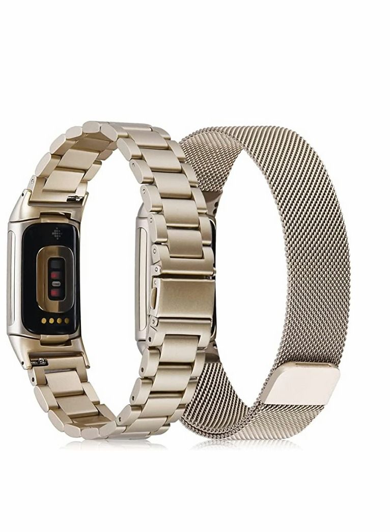 SYOSI Compatible with Fitbit Charge 5 Bands Sets, 2 Pack Stainless Steel Metal Band Mesh Woven Magnetic Wristband Replacement for Fitbit Charge 5 Advanced Fitness & Health Tracker, Champaign Gold - Image 2