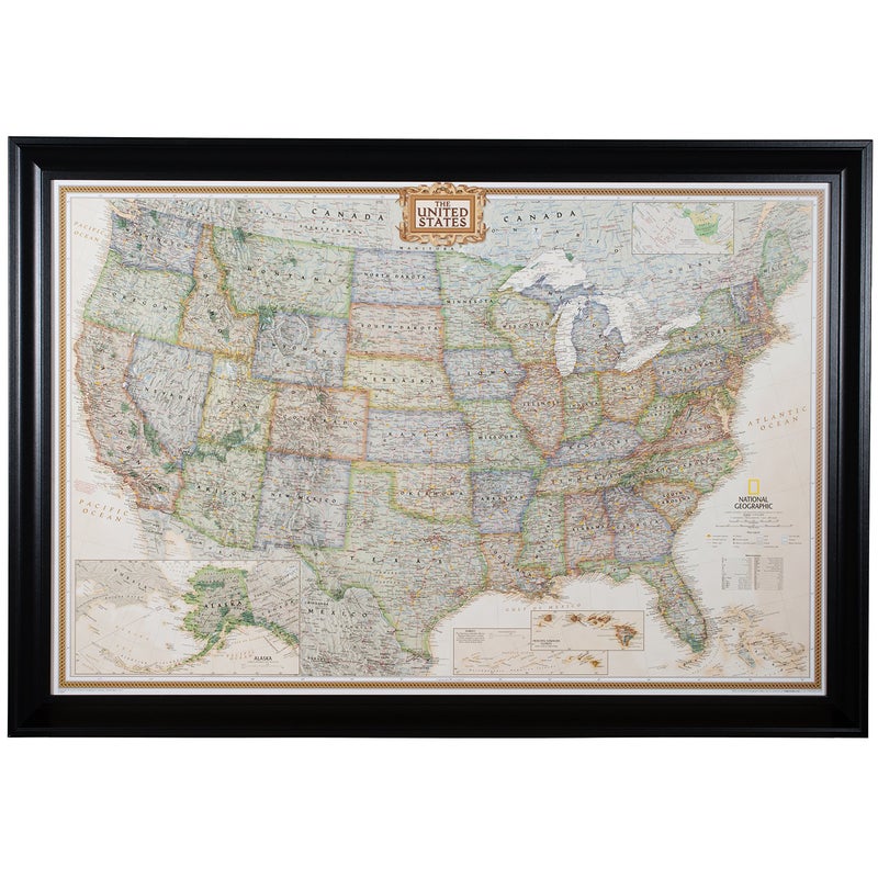 Executive United States Push Pin Travel Map Satin Black Frame and Pins 24 by 36Inch