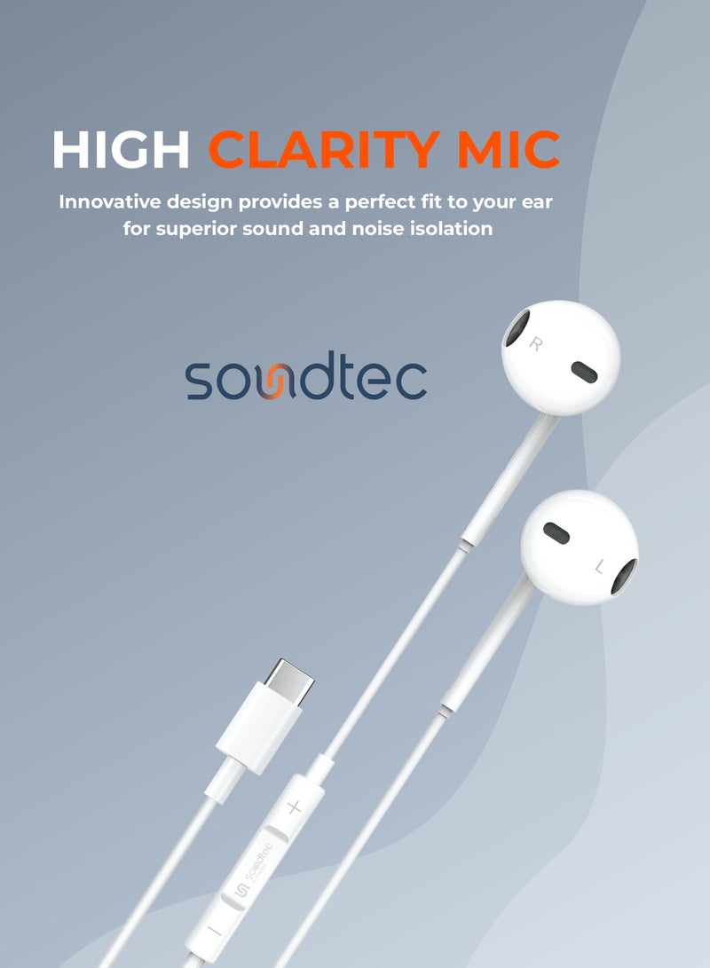 porodo Soundtec Stereo Earphones with Type-C Connector / High-Clarify Microphone / ABS Material / 120 cm Tangle Free Cable - White - Image 5