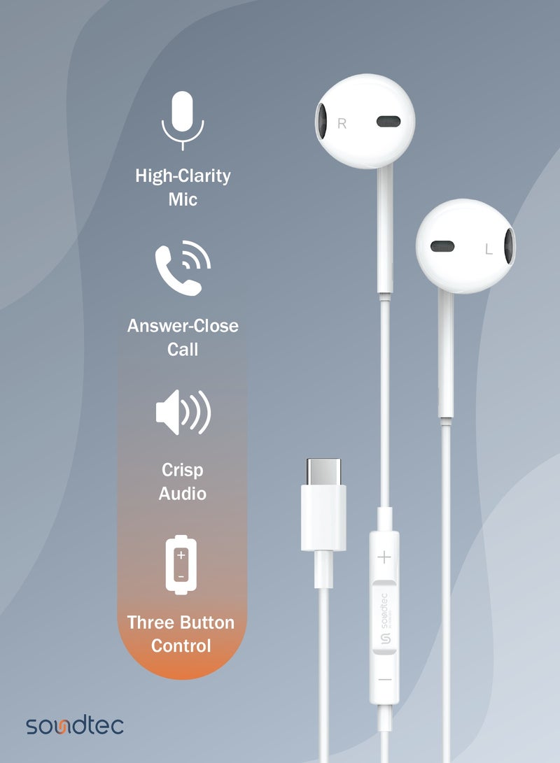 porodo Soundtec Stereo Earphones with Type-C Connector / High-Clarify Microphone / ABS Material / 120 cm Tangle Free Cable - White - Image 4