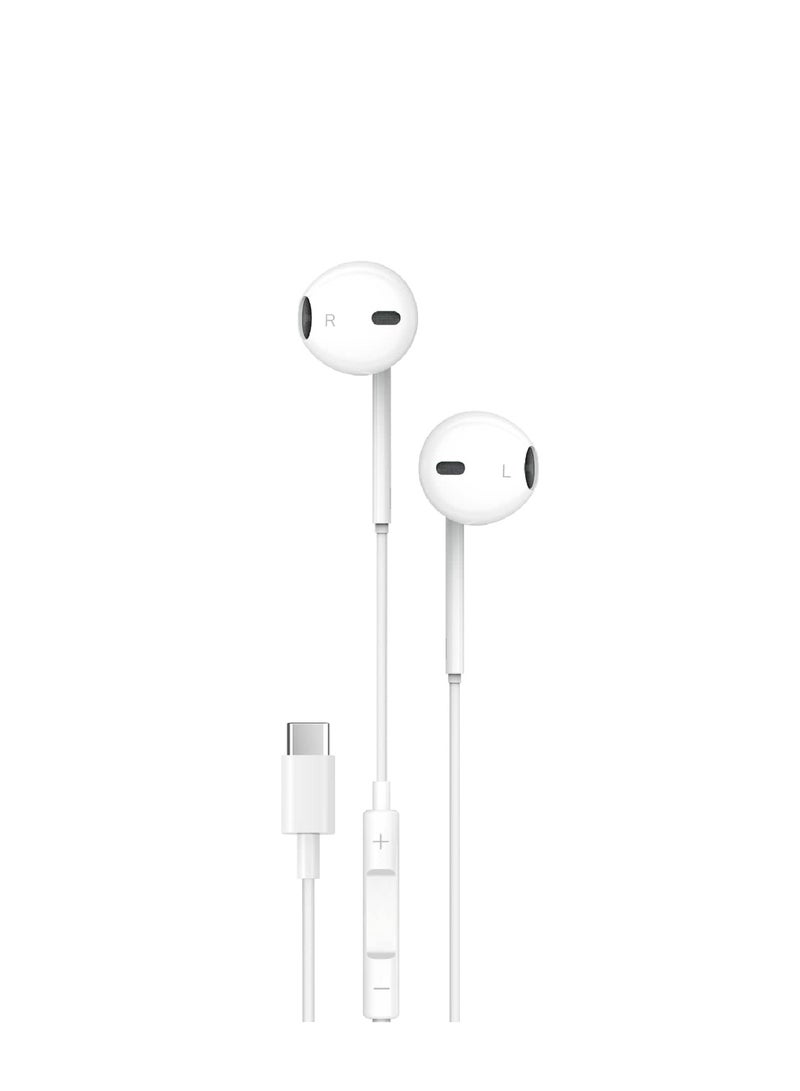 porodo Soundtec Stereo Earphones with Type-C Connector / High-Clarify Microphone / ABS Material / 120 cm Tangle Free Cable - White - Image 2