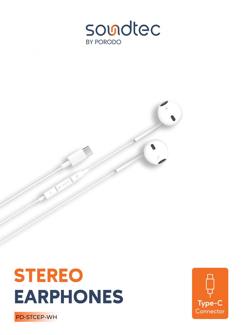 porodo Soundtec Stereo Earphones with Type-C Connector / High-Clarify Microphone / ABS Material / 120 cm Tangle Free Cable - White - Image 1